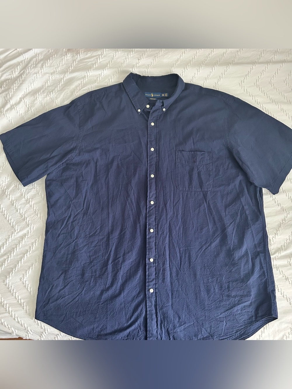 Ralph Lauren Seersucker Shirt Mens 3XLT Navy Blue Short Sleeve Button Up Pony